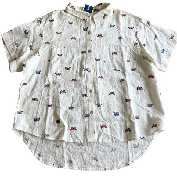 Rae Dunn Tops - NEW Rae Dunn Linen Blend Butterfly Short Sleeve Collared‎ Button Down Shirt, XL